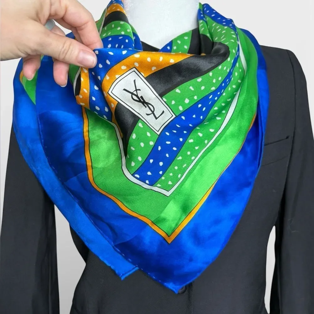 YSL Vintage 100% Silk Blue Green Black Yellow Striped Square Scarf